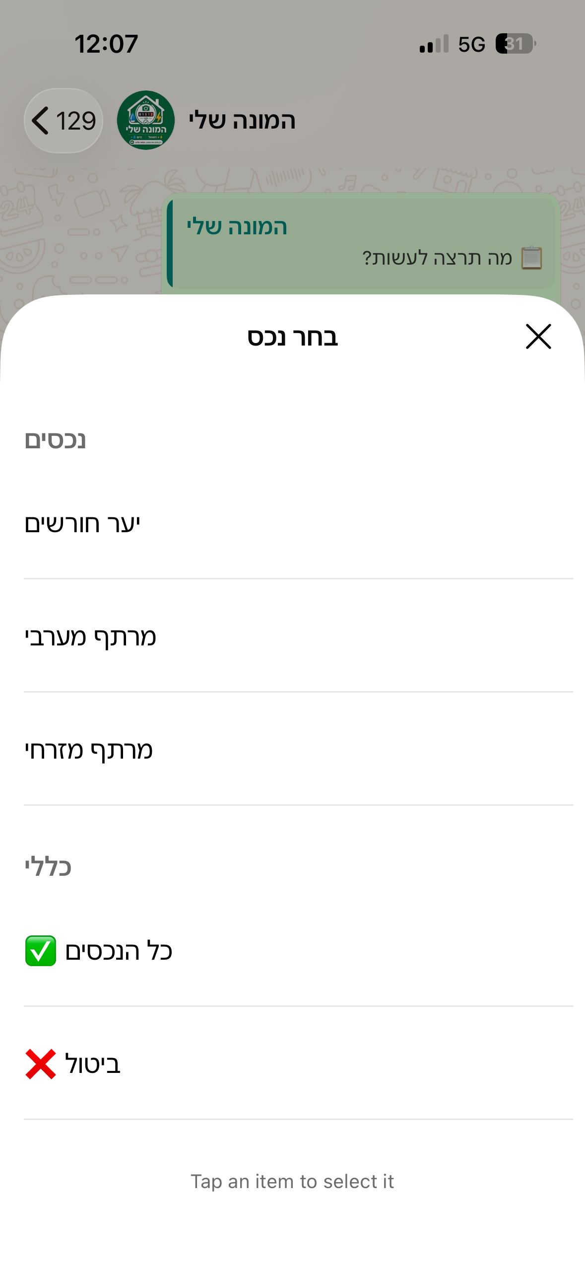 בחירת נכס לשליחת תזכורת